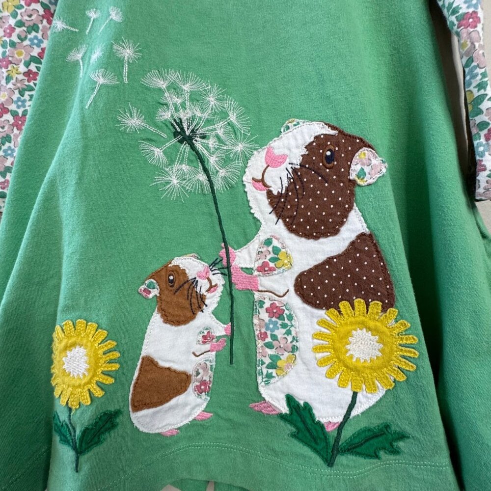 MINI BODEN Guinea Pig Applique Dress Girls 5-6 Green Tunic Floral Sleeves - Picture 3 of 6